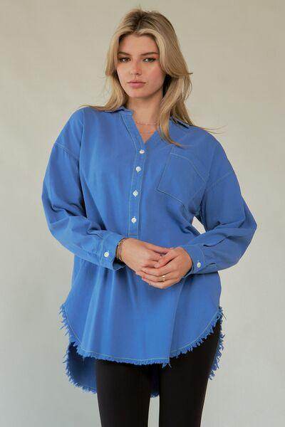 Davi & Dani Letter Back Raw Hem Half Button Shirt Chic - Selvanelle