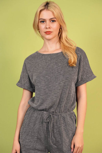 Round Neck Short Sleeve Romper with Pockets - Selvanelle