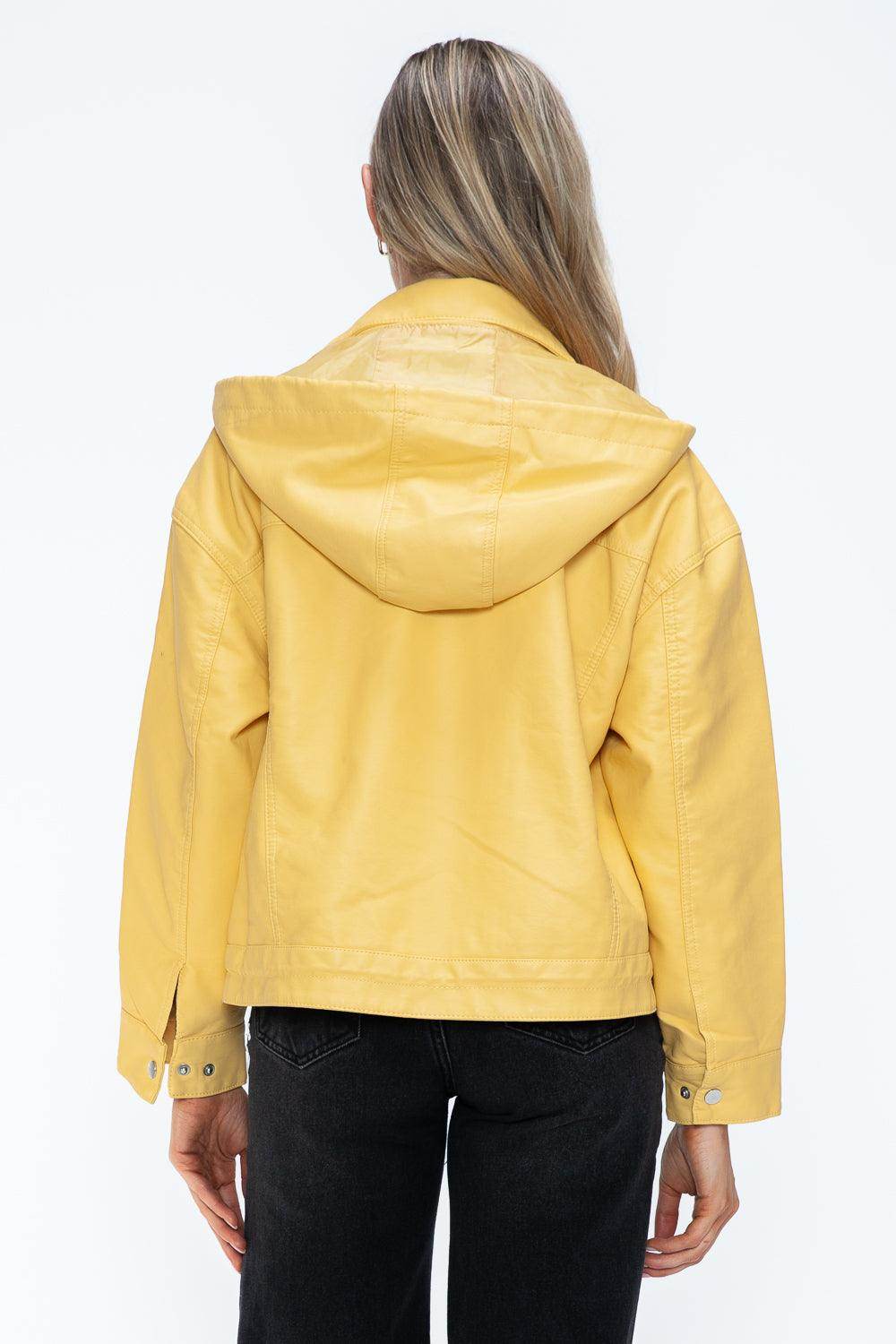 How Dare U Drawstring Hem PU Leather Zip Up Jacket for Women - Selvanelle