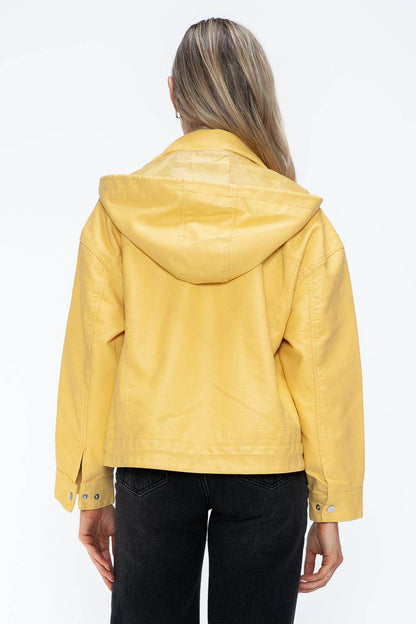How Dare U Drawstring Hem PU Leather Zip Up Jacket for Women - Selvanelle