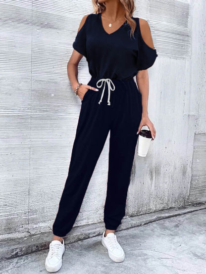 V-Neck Cold-Shoulder Jumpsuit with Pockets - Selvanelle
