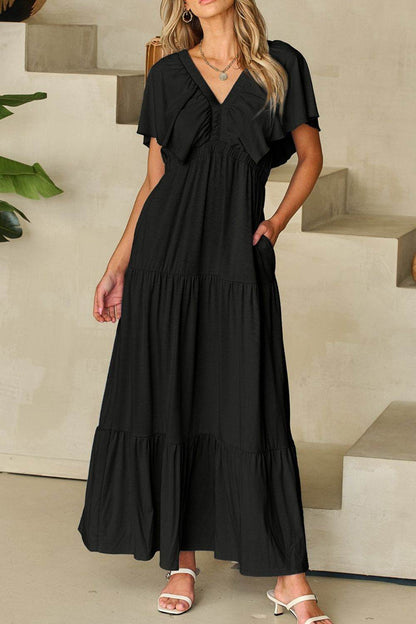 Ruffled V Neck Flutter Sleeve Maxi Dress - Selvanelle