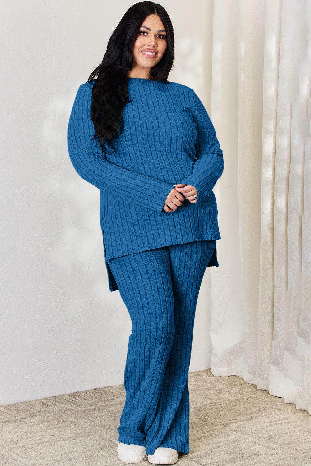 Basic Bae Full Size Ribbed High-Low Top and Wide Leg Pants Set - Selvanelle