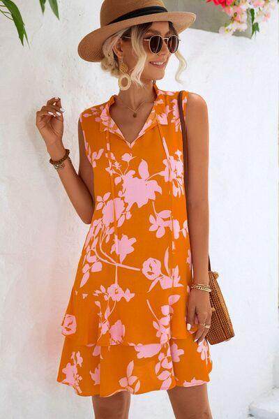 Printed Tie Neck Sleeveless Dress for Women Casual Wear - Selvanelle