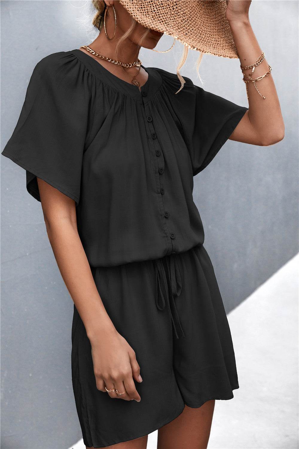Buttoned Gather Detail Romper - Selvanelle