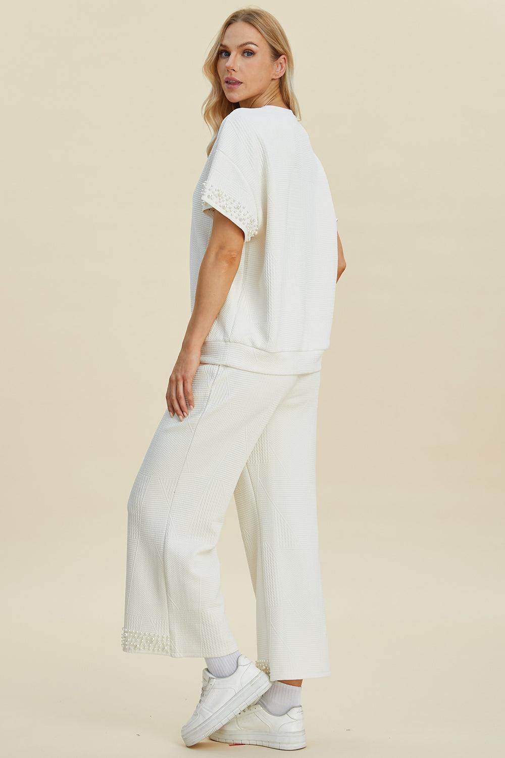 Double Take Full Size Pearl Detail Round Neck Top Pants Set - Selvanelle
