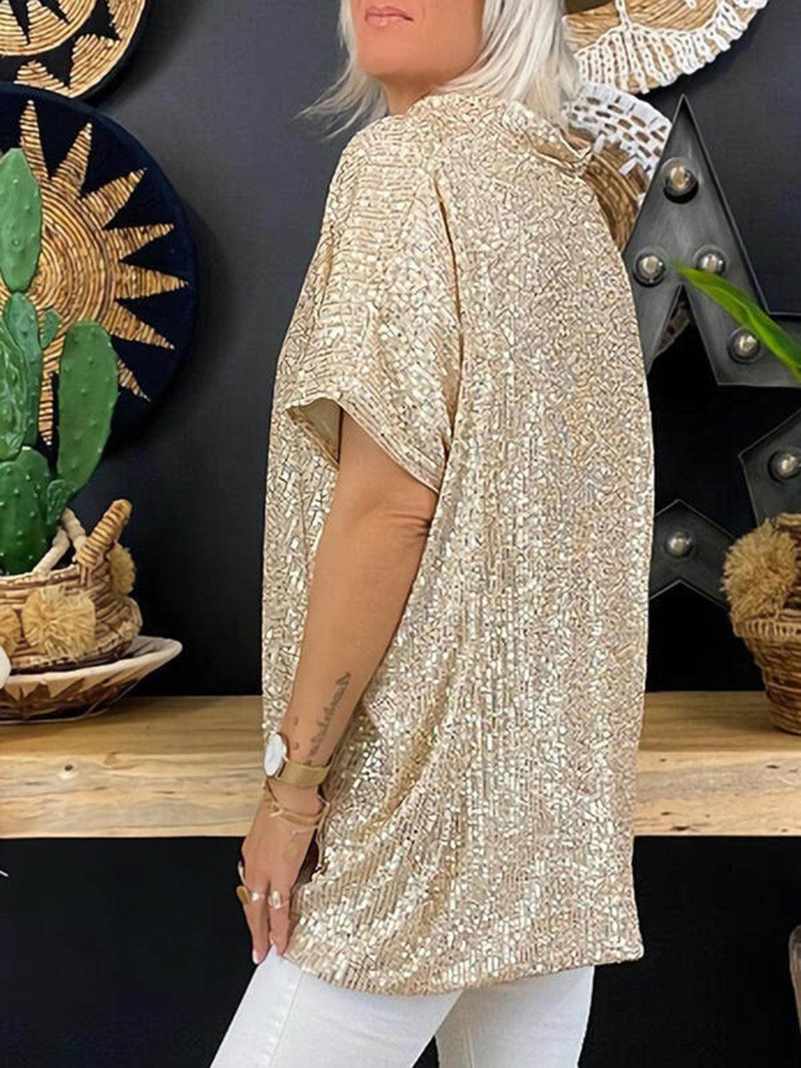 Full Size Sequin V-Neck Short Sleeve Top for Women - Selvanelle