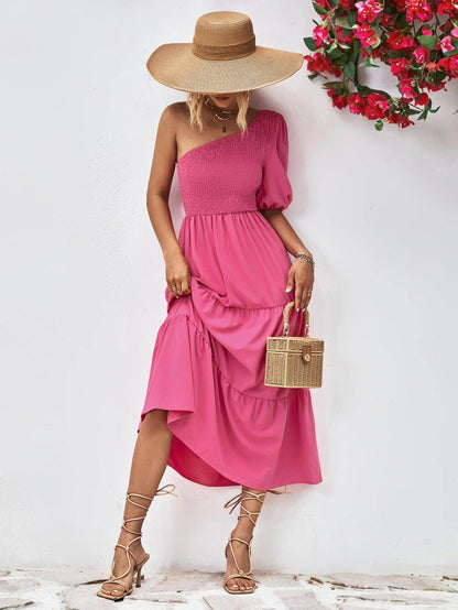 Chic Smocked One-Shoulder Midi Dress for Elegant Style - Selvanelle