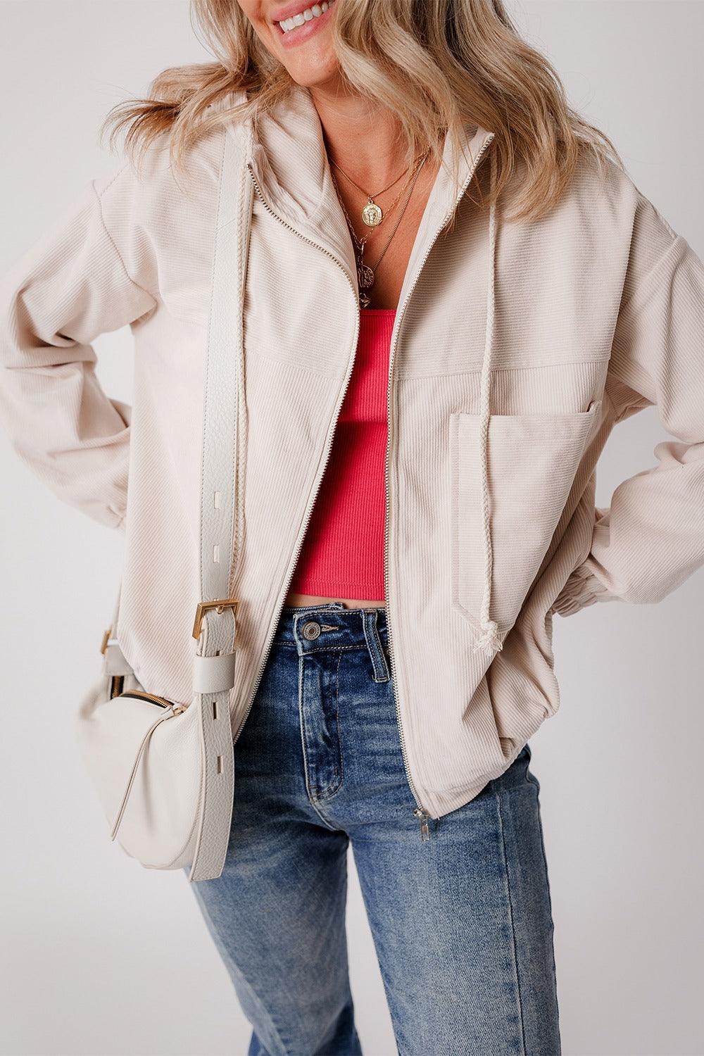 Corduroy Zip Up Long Sleeve Hooded Jacket for Women - Selvanelle