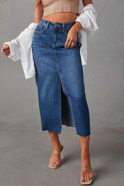 Slit Raw Hem Midi Denim Skirt for Effortless Style - Selvanelle