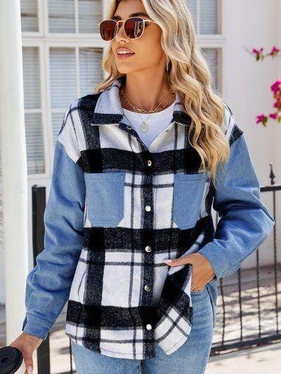 Pocketed Plaid Snap Down Denim Jacket for Stylish Wear - Selvanelle