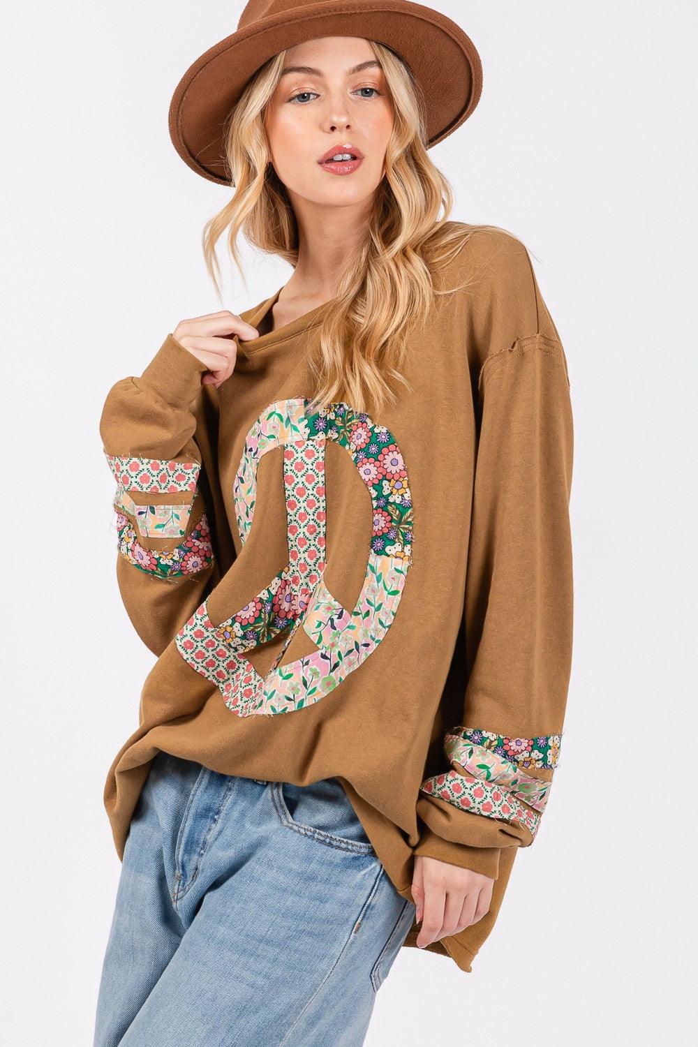 SAGE + FIG Peace Applique Patch Long Sleeve Top for Women