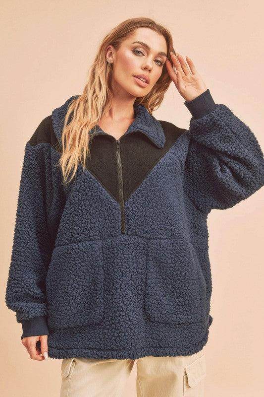 Aemi+Co Two Tone Half Zip Fleece Sweatshirt for Comfort - Selvanelle