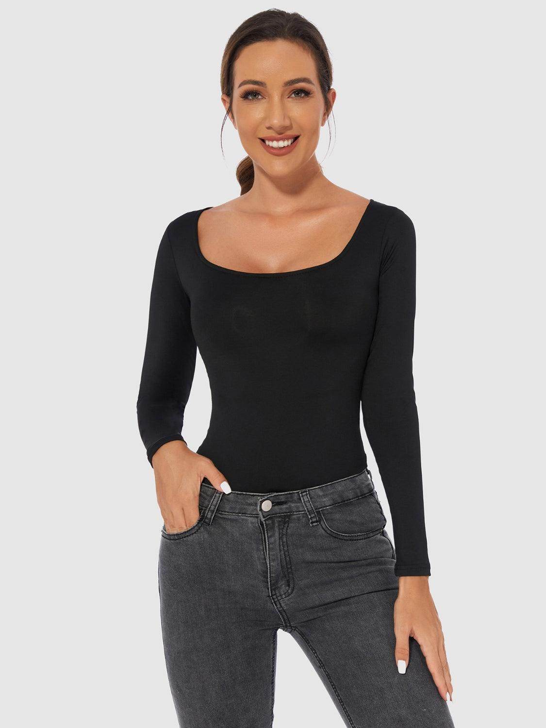 Full Size Scoop Neck Long Sleeve Bodysuit for Women - Selvanelle