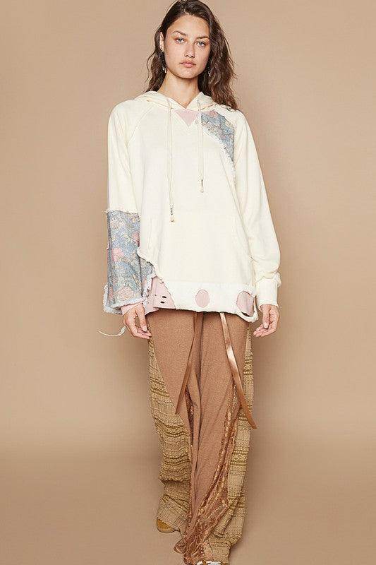 POL Floral Patchwork Distressed Drawstring Hoodie For Women - Selvanelle