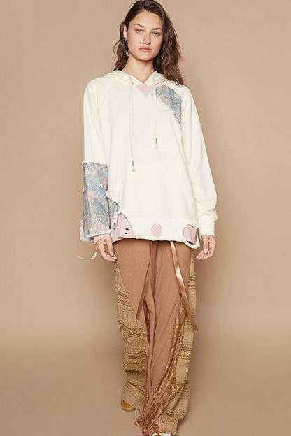 POL Floral Patchwork Distressed Drawstring Hoodie For Women - Selvanelle