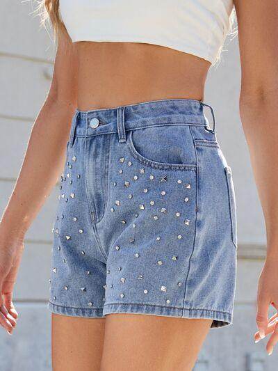 Rhinestone Washed High Waist Denim Shorts for Women - Selvanelle