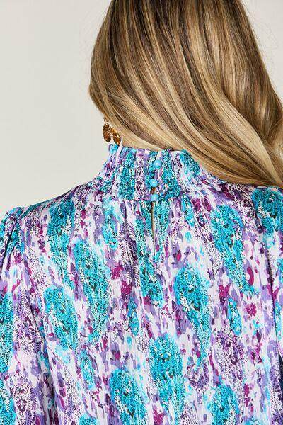 Double Take Full Size Printed Smocked Long Sleeve Blouse - Selvanelle