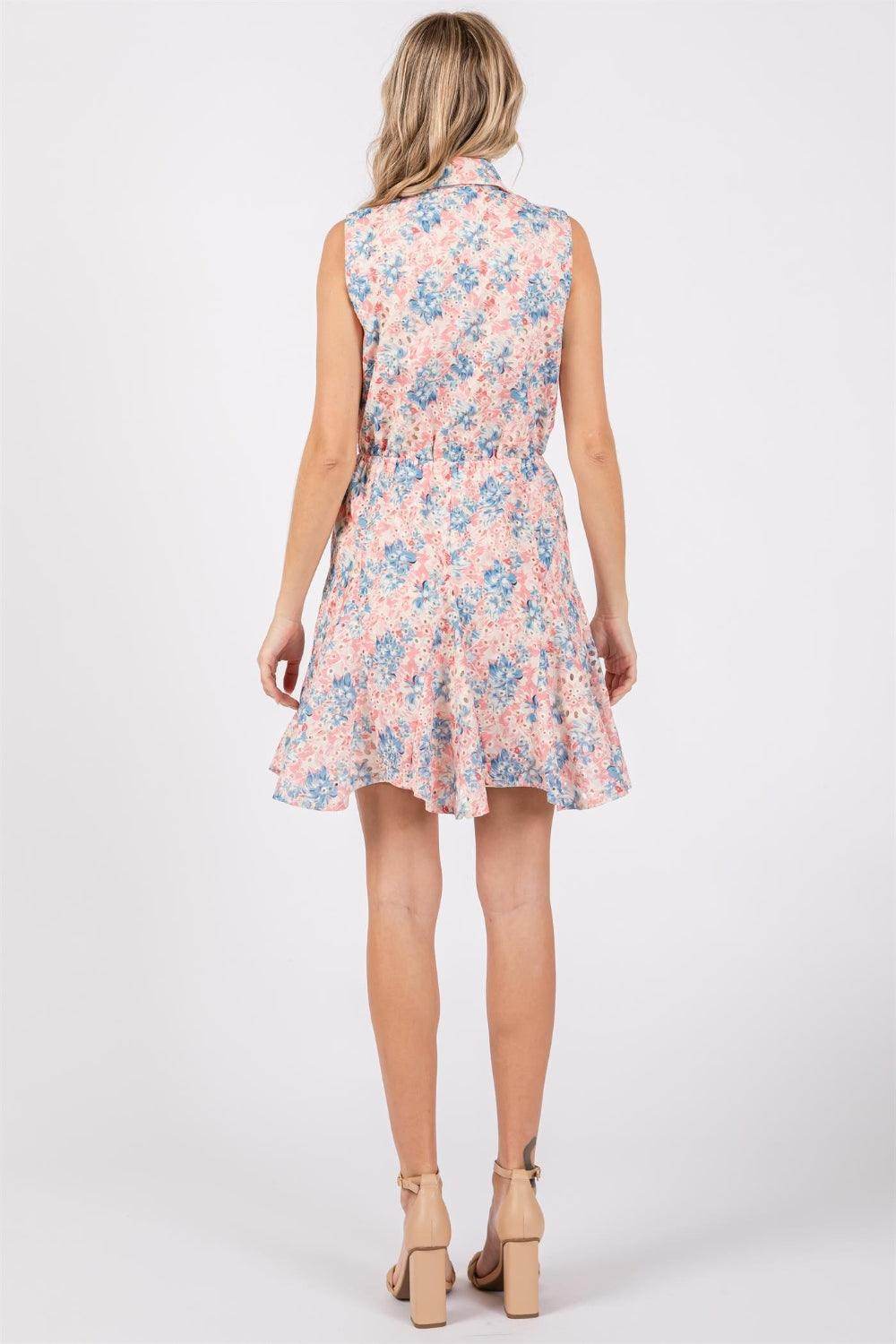GeeGee Full Size Floral Eyelet Sleeveless Mini Dress for Summer - Selvanelle