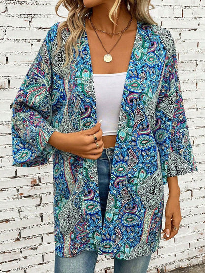 Printed Open Front Three-Quarter Sleeve Cover Up - Selvanelle
