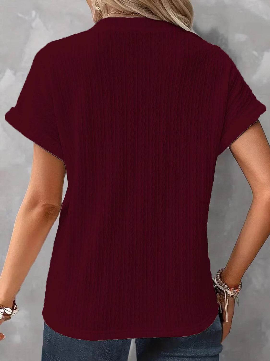 Textured Notched Short Sleeve Top - Selvanelle
