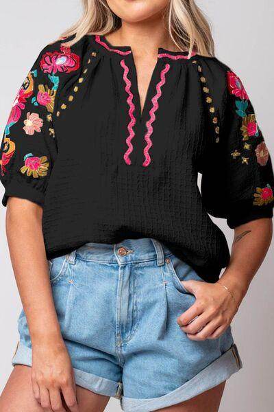 Floral Embroidered Notched Puff Sleeve Blouse for Women - Selvanelle