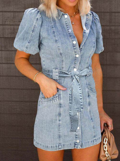 Puff Sleeve Button Up Mini Denim Dress for Women Fashion - Selvanelle