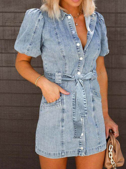 Puff Sleeve Button Up Mini Denim Dress for Women Fashion - Selvanelle