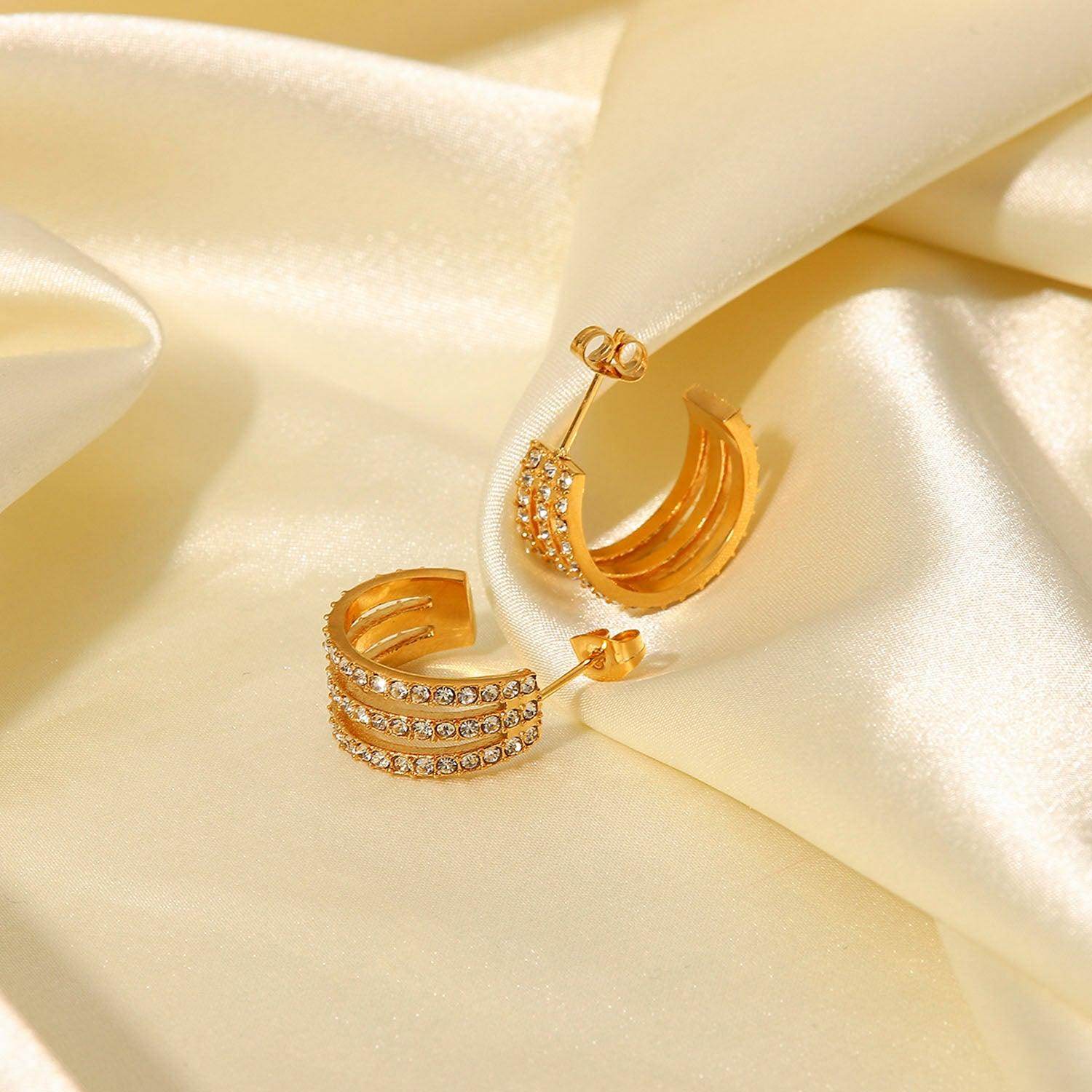 Stainless Steel Inlaid Zircon C-Hoop Earrings for Women - Selvanelle