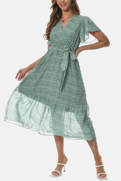 Surplice Neck Flutter Sleeve Tied Dress for Chic Style - Selvanelle