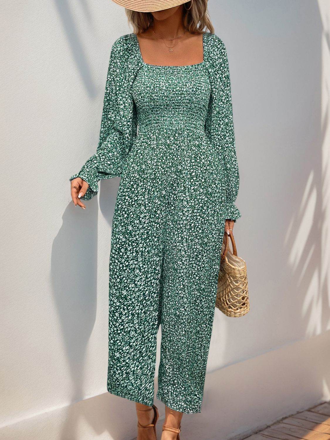 Perfee Smocked Printed Long Sleeve Wide Leg Jumpsuit - Selvanelle