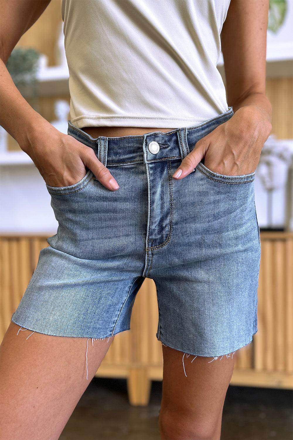 Judy Blue Full Size High Waist Raw Hem Denim Shorts for Women - Selvanelle