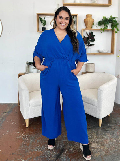 Double Take Full Size Surplice Wide Leg Jumpsuit with Pockets - Selvanelle
