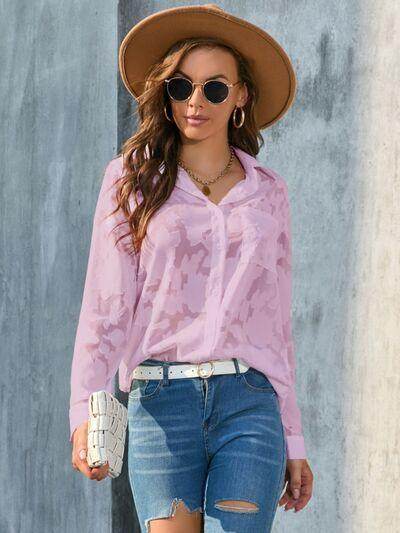 Full Size Collared Neck Long Sleeve Shirt Plus Size Women - Selvanelle