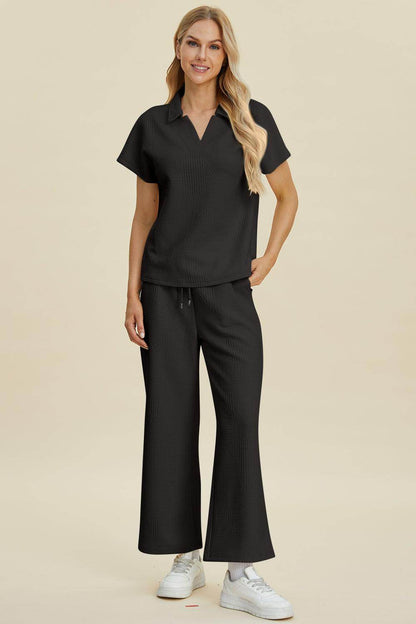 Double Take Full Size Collared Neck Short Sleeve Top Set - Selvanelle