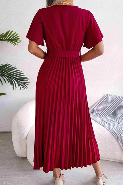 Pleated Flutter Sleeve Belted Dress for Casual Wear - Selvanelle
