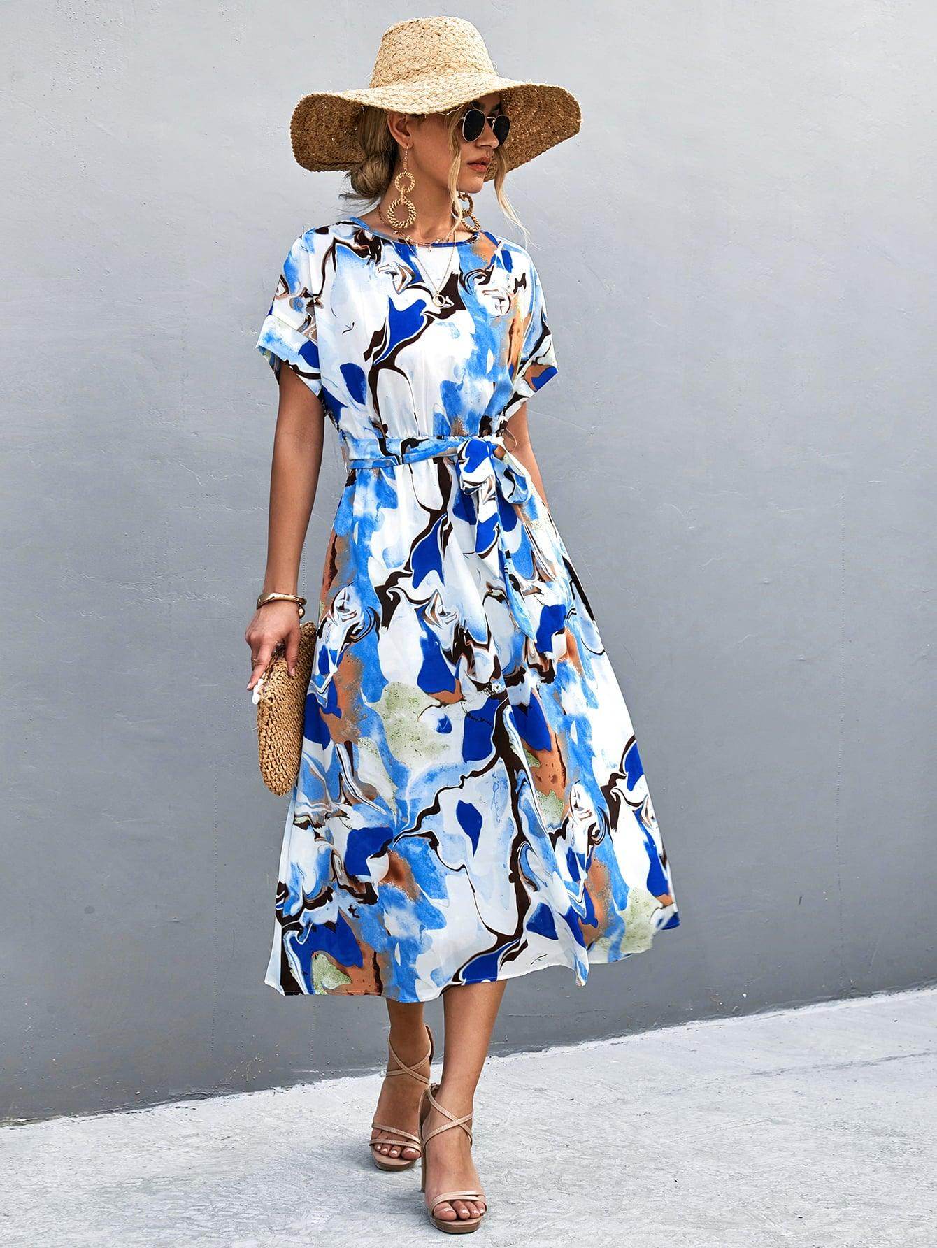 Round Neck Short Sleeve Tie Waist Midi Dress for Women - Selvanelle