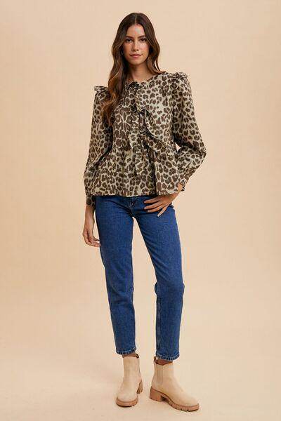 Annie Wear Tied Leopard Round Neck Peplum Blouse for Women - Selvanelle