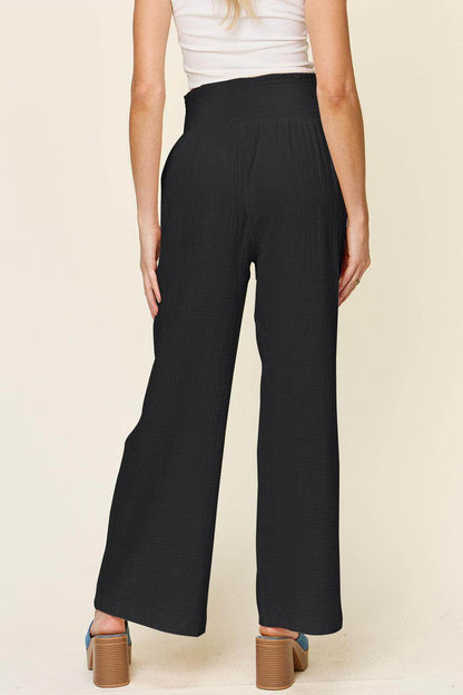Double Take Full Size Texture Smocked Waist Wide Leg Pants For Women - Selvanelle
