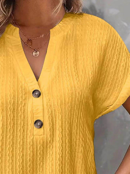 Textured Notched Short Sleeve Top - Selvanelle