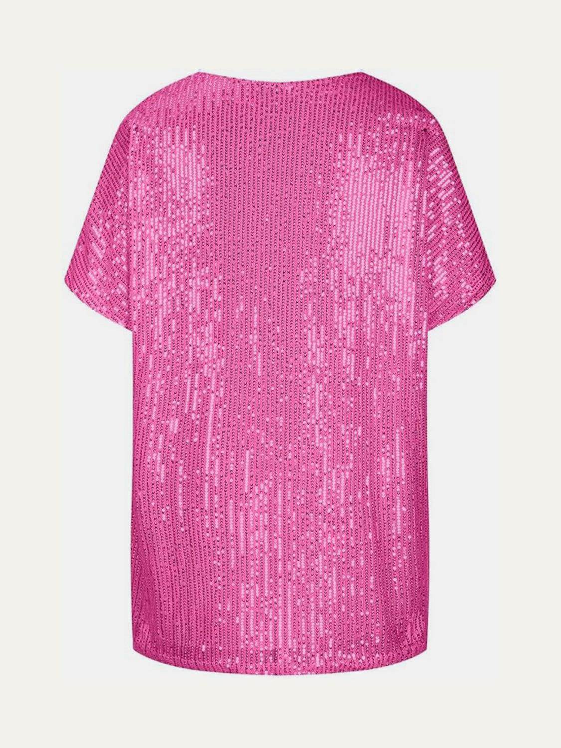 Full Size Sequin V-Neck Short Sleeve Top for Women - Selvanelle