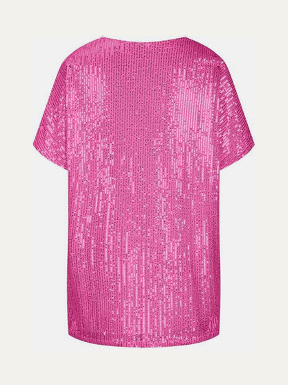 Full Size Sequin V-Neck Short Sleeve Top for Women - Selvanelle