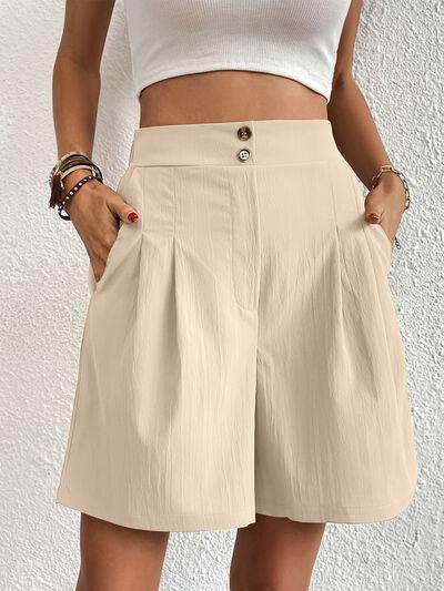 Pocketed Half Elastic Waist Shorts with Side Pockets - Selvanelle