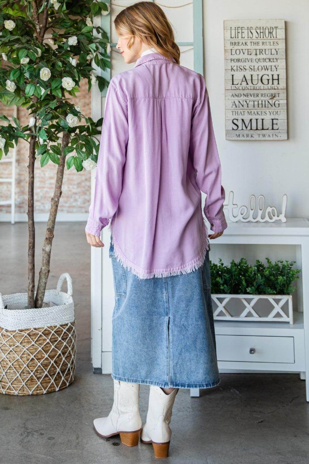 Veveret Raw Hem Button Up Long Sleeve Shirt for Women - Selvanelle