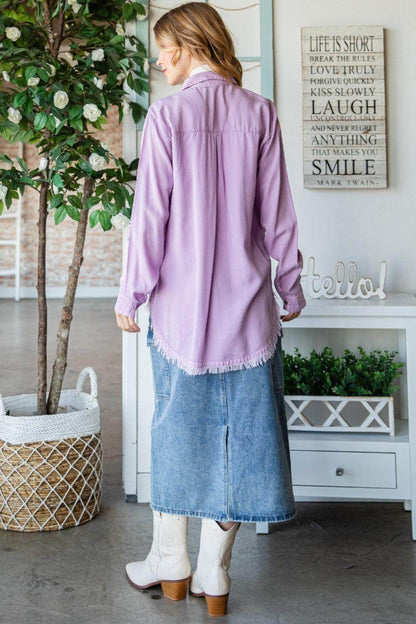 Veveret Raw Hem Button Up Long Sleeve Shirt for Women - Selvanelle