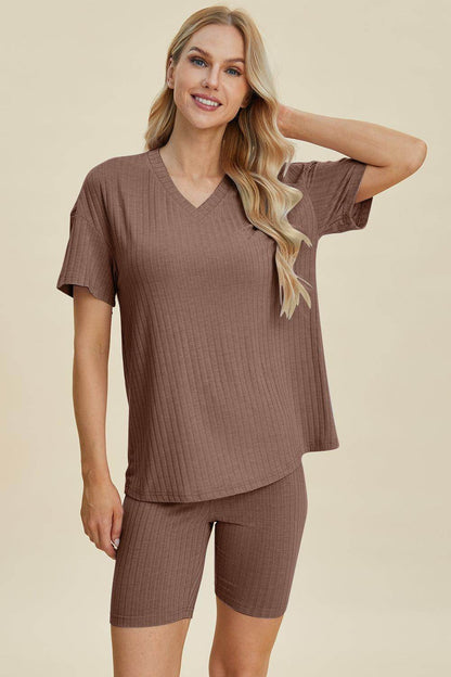 Basic Bae Full Size Ribbed V-Neck Top and Shorts Set For Women - Selvanelle