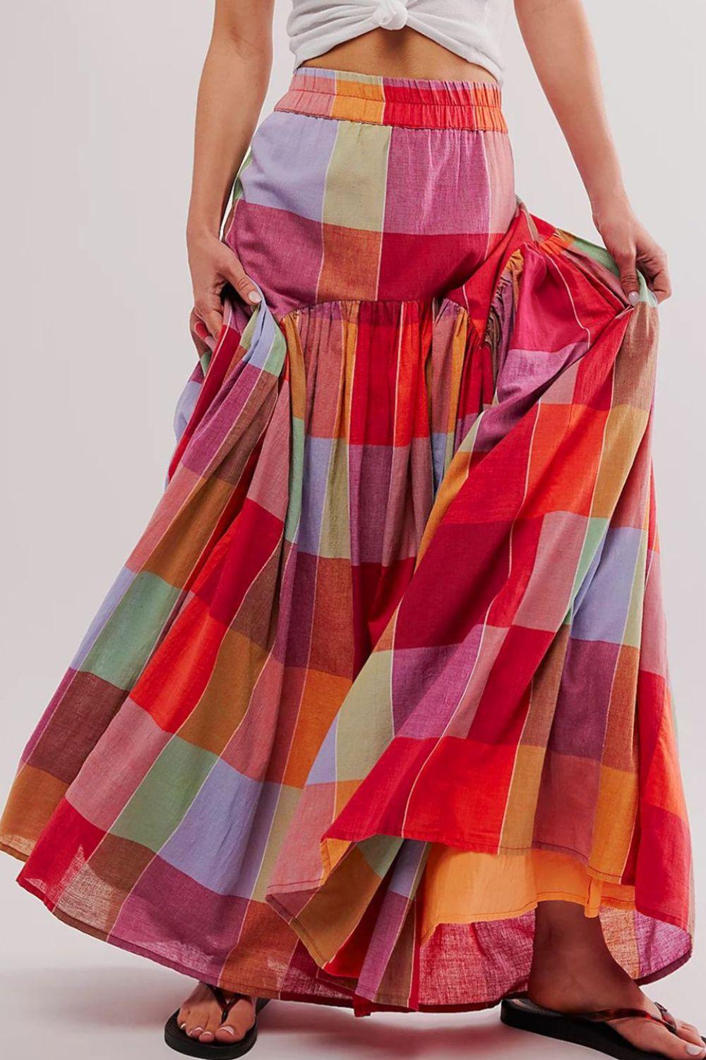 Color Block Elastic Waist Maxi Skirt for Women Fashion