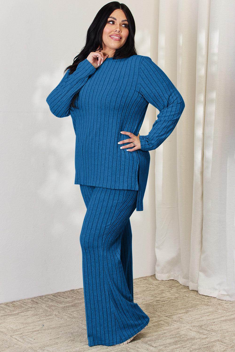 Basic Bae Full Size Ribbed High-Low Top and Wide Leg Pants Set - Selvanelle
