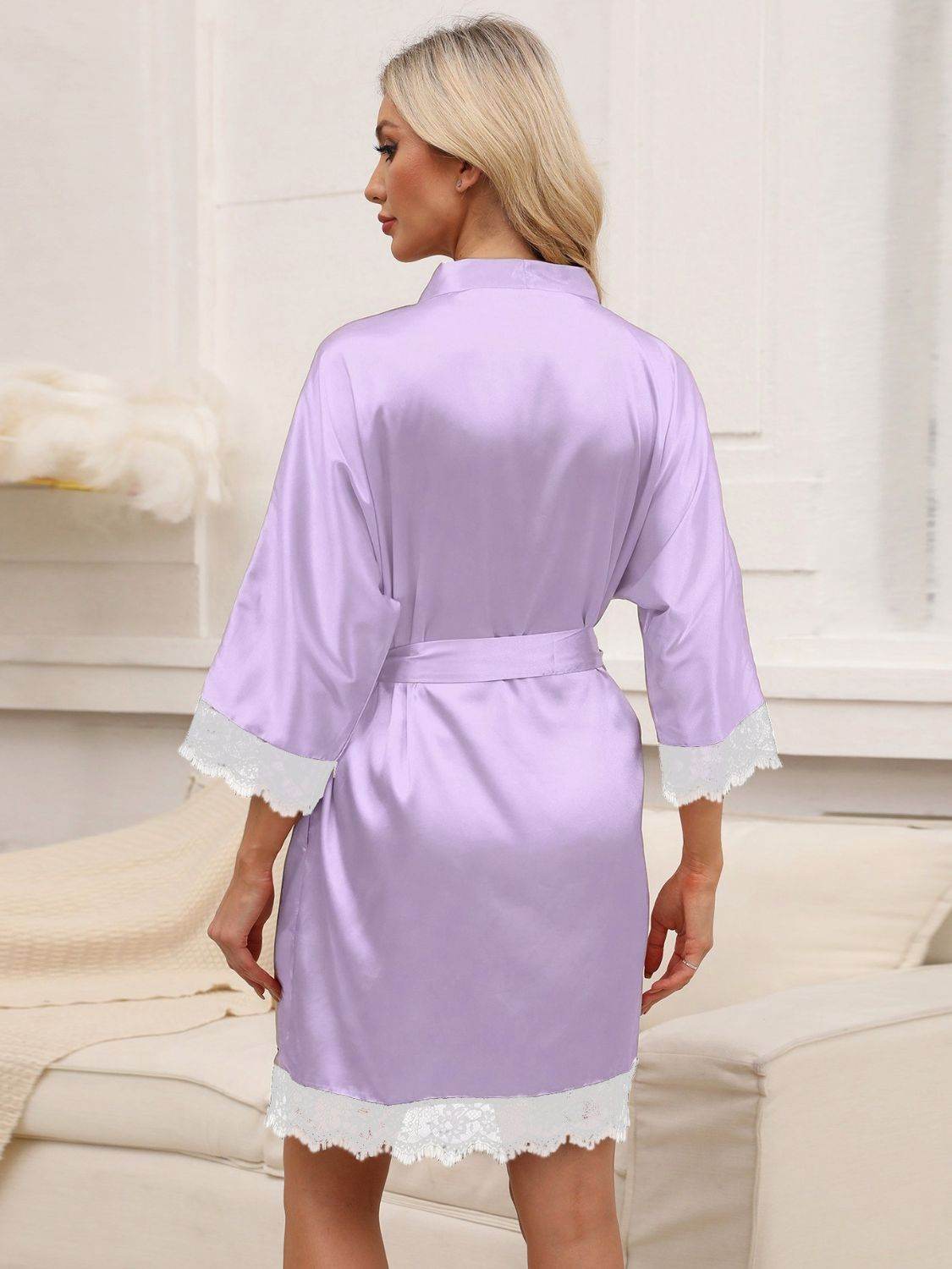 Tied Lace Detail Three-Quarter Sleeve Lounge Nightgown - Selvanelle