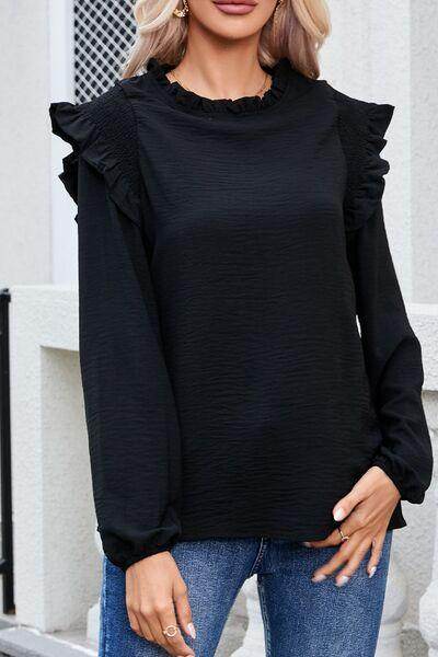 Frill Mock Neck Ruffled Balloon Sleeve Blouse for Women - Selvanelle